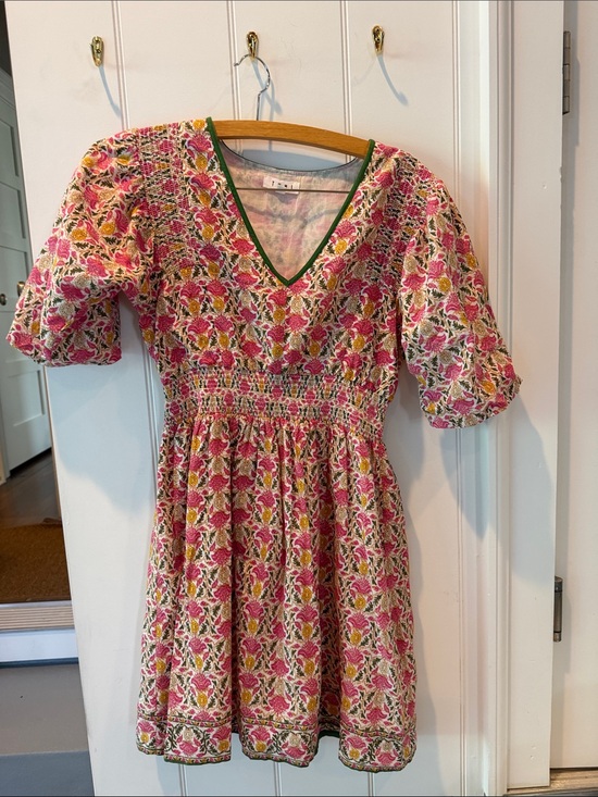 THML Dresses & Skirts - THML Pink Floral V-Neck Smocked Mini Dress with Green Trim